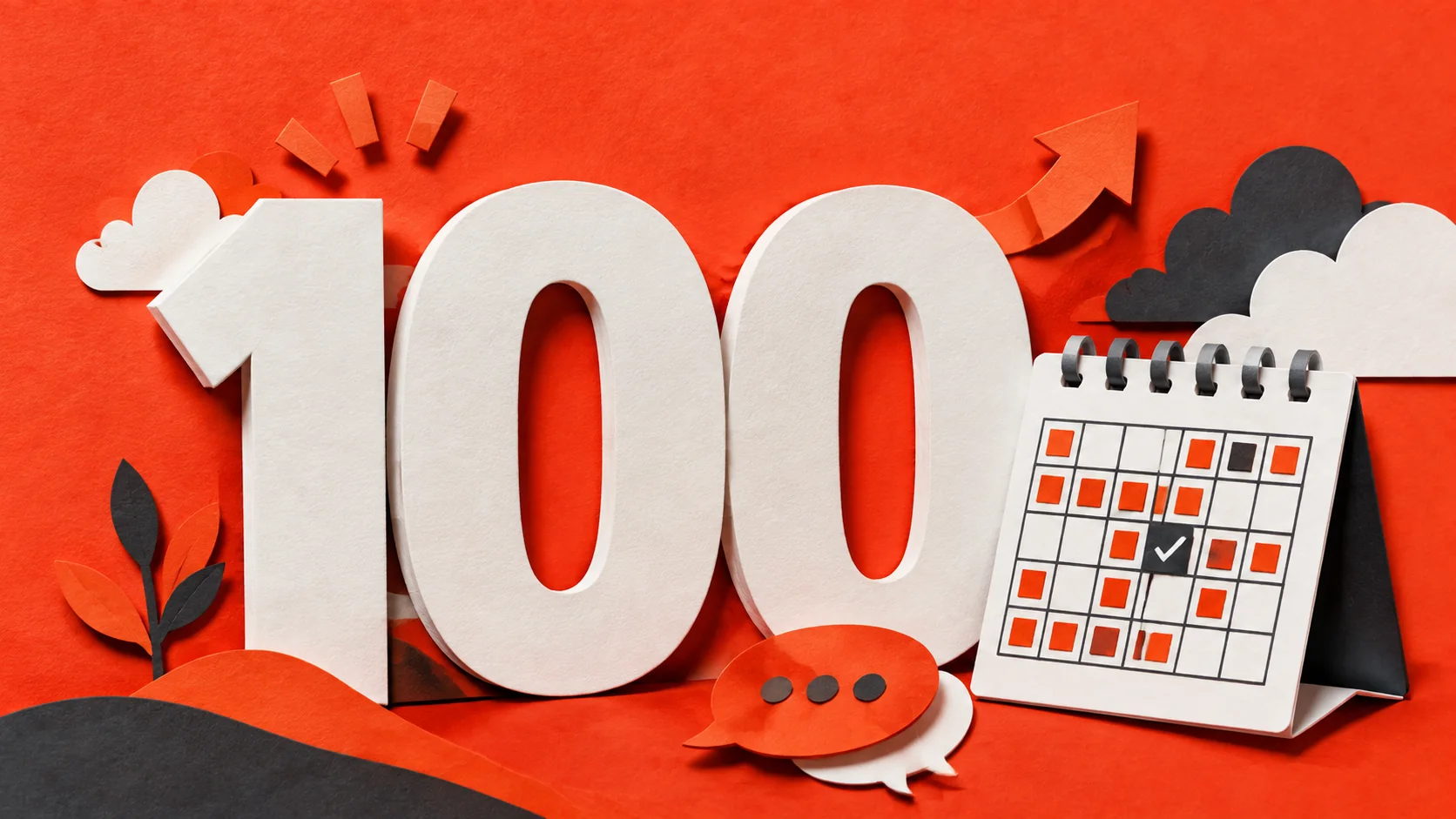 Biele číslo 100 a papierový kalendár na oranžovom kartóne.